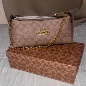 Coach Brown Signature Wristlet with Gold Chain